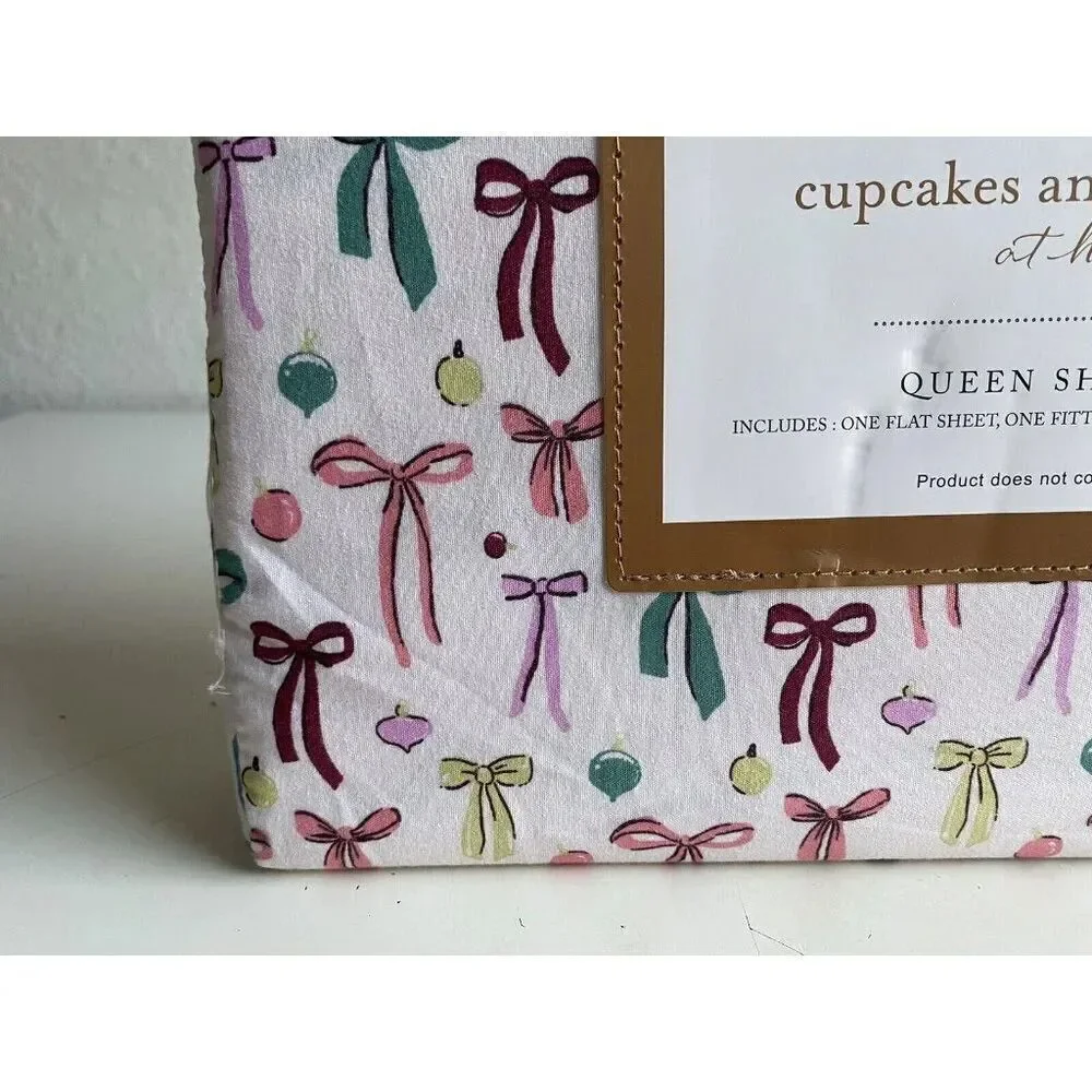 Cupcakes and Cashmere Bows Ornaments QUEEN SIZE Sheet‎ Set Christmas Bows NEW